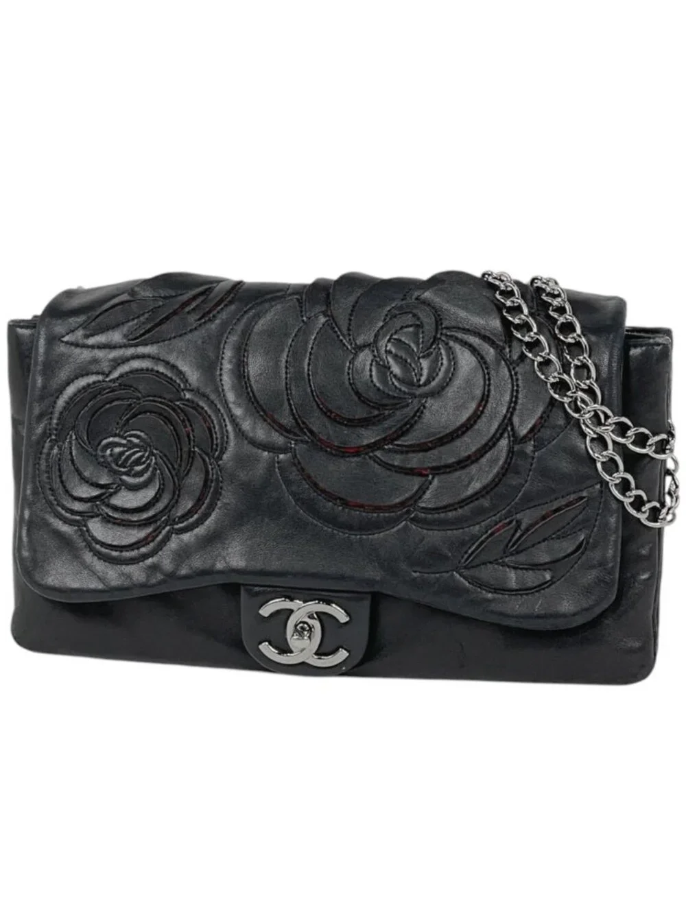 Chanel Shoulder Bag CC Logo Camellia Leather Black
